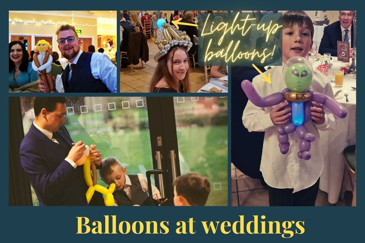 Alien balloon, balloon crown and balloon giraffe at various weddings